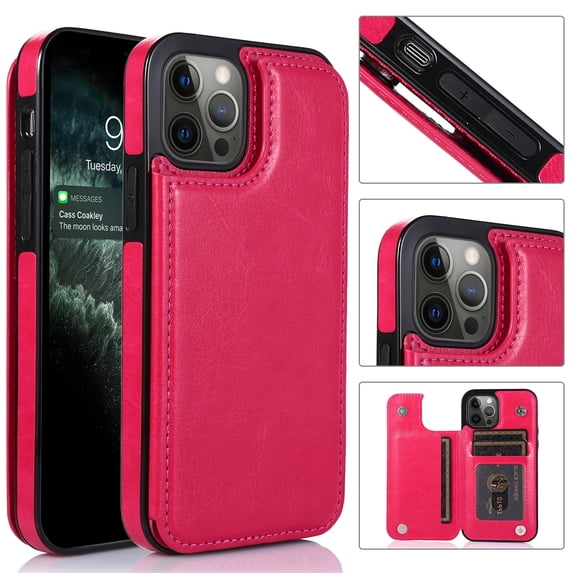 ELEHOLD for iPhone 16 Pro Wallet Case , Ultra Slim Luxury Premium Leather Card Holder Kickstand Shockproof Magnetic Clasp Protective Case for iPhone 16 Pro,Rose