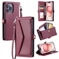 thumbnail image 1 of ELEHOLD for iPhone 16 Pro Wallet Case,Women Men Credit Card Holder Kickstand Magnetic Clasp Pocket Portective Case Zipper with Adjustable Crossbody / Wrist Strap,Winered, 1 of 7