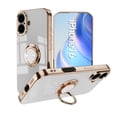 thumbnail image 1 of ELEHOLD for iPhone 16 Slim Case Electroplating Frame Design All-inclusive Lens Protection Metal Ring Holder Stand Function Shockproof Lightweight Case for iPhone 16, White, 1 of 8