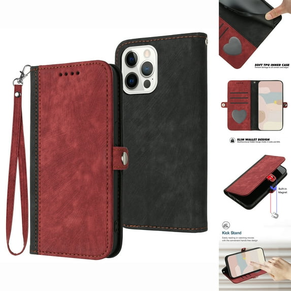 ELEHOLD for iPhone 16 Wallet Case with Detachable Wrist Strap Handbag, Luxury PU Leather Flip Soft TPU Built-in Magnetic Card Slots Kickstand Function Shockproof Protective Cover Case,Red