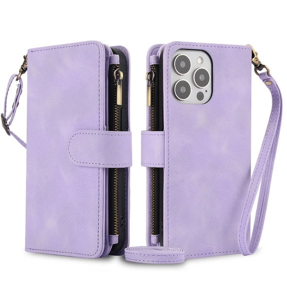 ELEHOLD for iPhone 16 Wallet Case,Flip Leather Women Men Credit Card Cash Slot Zipper Kickstand Shockproof Protective Case with Crossbody Wrist Strap for iPhone 16,Purple