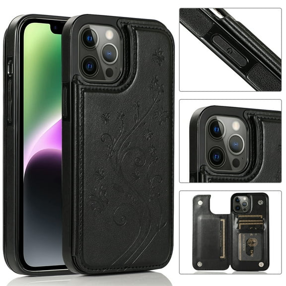 ELEHOLD for iPhone 16 Wallet Case, Flower Embossed Pattern Magnetic Button Card Holders PU Leather Cover Kickstand Function Shockproof Protective Case for iPhone 16, Black
