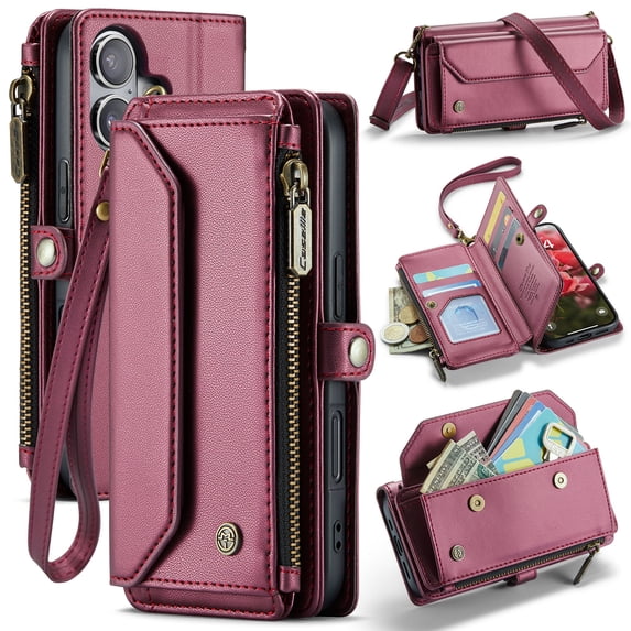 ELEHOLD for iPhone 16 Wallet Case,Support Wireless Charging PU Leather RFID Blocking Card Holder Kickstand Flip Shockproof Protective Case with Crossbody Wristlet Strap for iPhone 16,Winered