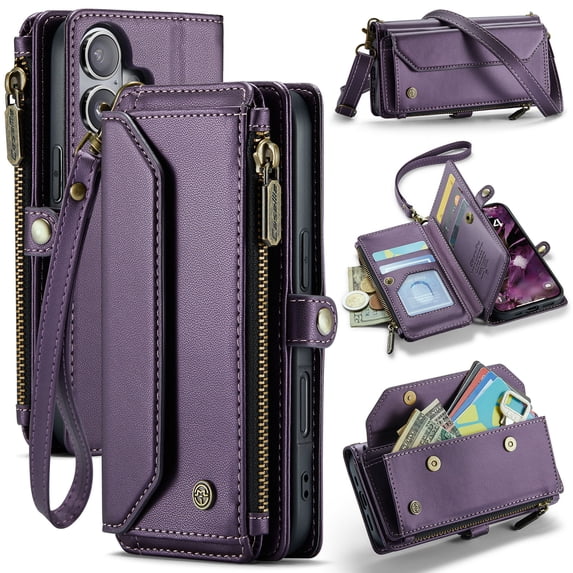ELEHOLD for iPhone 16 Wallet Case,Support Wireless Charging PU Leather RFID Blocking Card Holder Kickstand Flip Shockproof Protective Case with Crossbody Wristlet Strap for iPhone 16,Purple