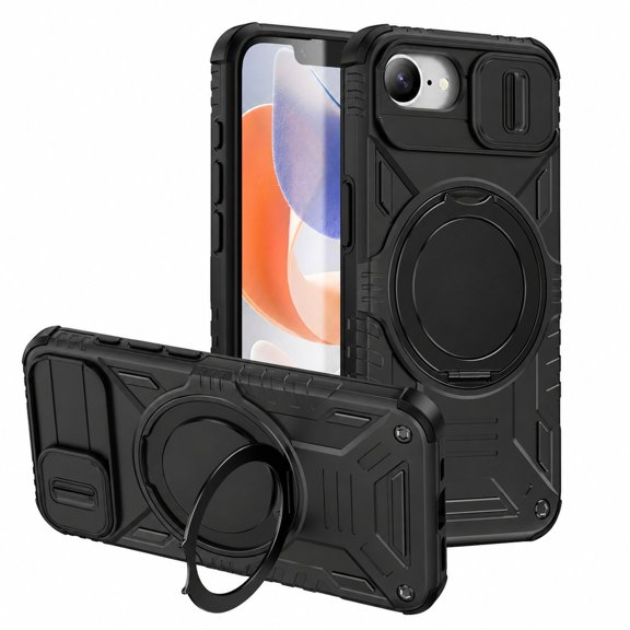 ELEHOLD for iPhone 16e/17e Rugged Case with Camera Sliding Lens Cover, Compatible with MagSafe, Heavy Duty Shockproof 360 Magnetic Ring Stand Cover,Black