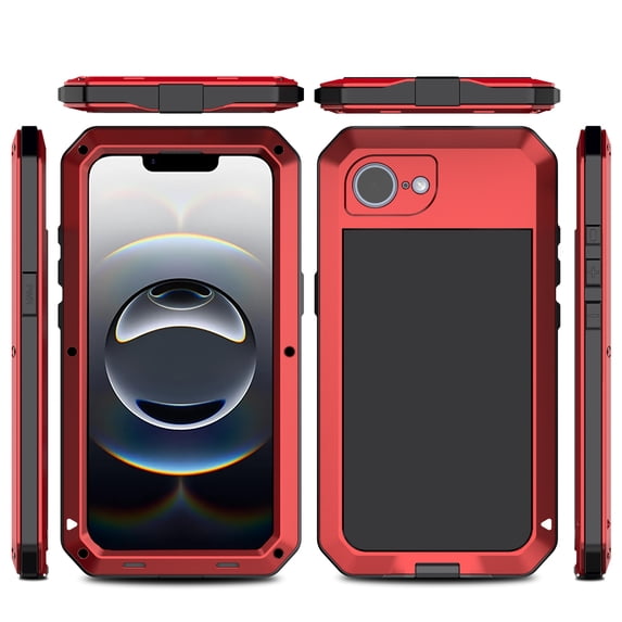 ELEHOLD for iPhone 16e Case, Outdoor Sports 360° Full Body Protective Cover with Tempered Glass Screen Protector Heavy Duty Shockproof Rugged Metal Case for iPhone 16e, Red