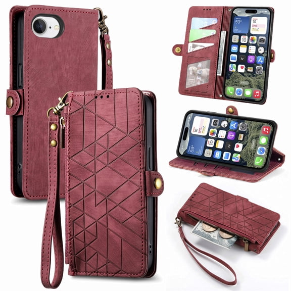 ELEHOLD for iPhone 16e Flip Wallet Case, Shockproof Premium Vintage PU Leather Magnetic Geometric Handbag Zipper Pocket Card Holders Kickstand Wrist Strap, Red