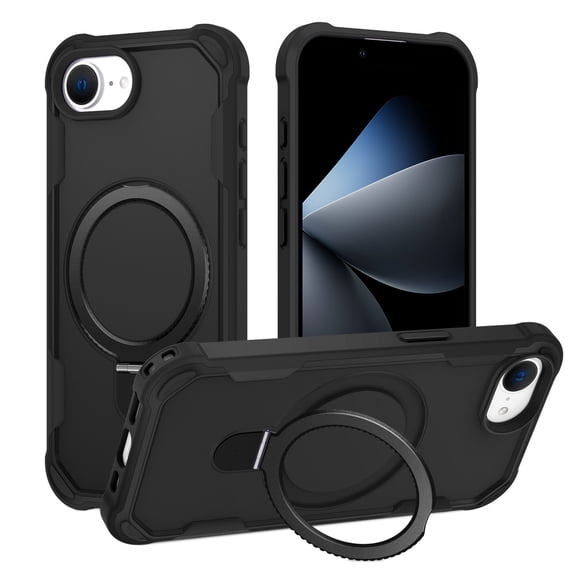 ELEHOLD For iPhone 16e Heavy Duty Shockproof Rugged Case Magnetic Rugged Case, MagSafe Compatible, with Invisible and Adjustable Ring Holder Stand, Black