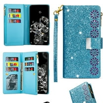 ELEHOLD for iPhone 16e Stylish Flip Wallet Case,Bling Glitter Leather Zipper Pocket 9 Card Holders Stand Function Magnetic Clasp Detachable Wrist Strap Lanyard Purse Case,Skyblue