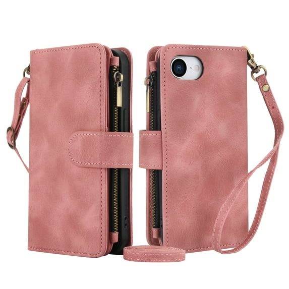 ELEHOLD for iPhone 16e Wallet Case,Flip Leather Women Men Credit Card Cash Slot Zipper Kickstand Shockproof Protective Case with Crossbody Wrist Strap for iPhone 16e,Rosegold