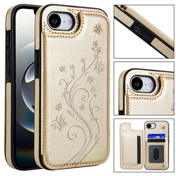 ELEHOLD for iPhone 16e Wallet Case, Flower Embossed Pattern Magnetic Button Card Holders PU Leather Cover Kickstand Function Shockproof Protective Case for iPhone 16e, Gold