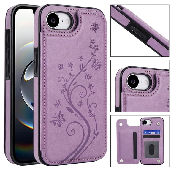 ELEHOLD for iPhone 16e Wallet Case, Flower Embossed Pattern Magnetic Button Card Holders PU Leather Cover Kickstand Function Shockproof Protective Case for iPhone 16e, Purple