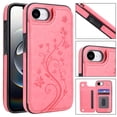 thumbnail image 1 of ELEHOLD for iPhone 16e Wallet Case, Flower Embossed Pattern Magnetic Button Card Holders PU Leather Cover Kickstand Function Shockproof Protective Case for iPhone 16e, Pink, 1 of 9