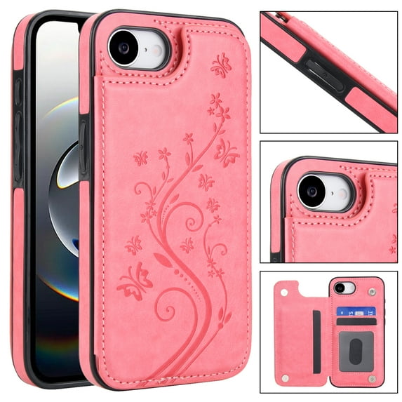 ELEHOLD for iPhone 16e Wallet Case, Flower Embossed Pattern Magnetic Button Card Holders PU Leather Cover Kickstand Function Shockproof Protective Case for iPhone 16e, Pink