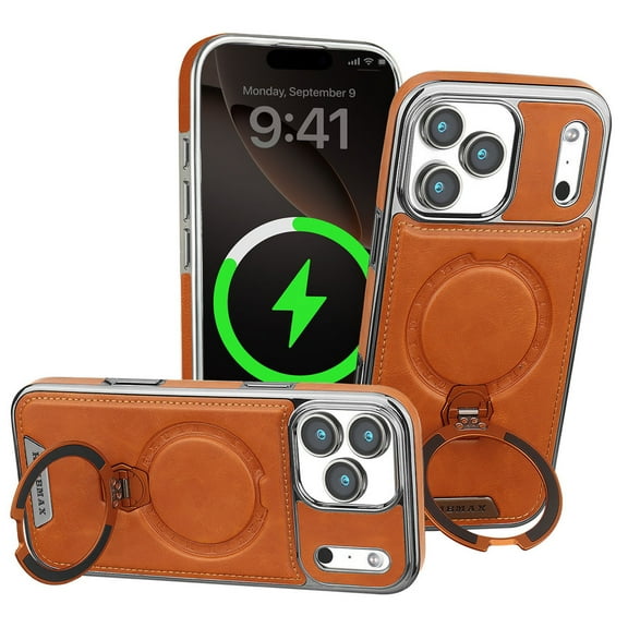 ELEHOLD For iPhone 17 Air Leather Case with Magnetic Kickstand Ring, Shockproof PU Leather Anti-Scratch Anti-Fingerprint Mag Safe Case For iPhone 17 Air,Brown