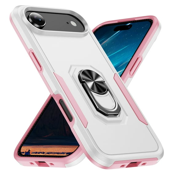 ELEHOLD For iPhone 17 Air Rugged Case 360° Rotating Metal Ring Stand Kickstand Function Support Magnetic Car Mount Holder Shockproof Protective Case For iPhone 17 Air,White/Pink