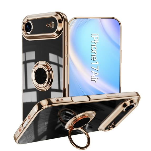 ELEHOLD for iPhone 17 Air Slim Case Electroplating Frame Design All-inclusive Lens Protection Metal Ring Holder Stand Function Shockproof Lightweight Case for iPhone 17 Air, Black