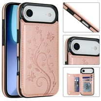 ELEHOLD for iPhone 17 Air Wallet Case, Flower Embossed Pattern Magnetic Button Card Holders PU Leather Cover Kickstand Function Shockproof Protective Case for iPhone 17 Air, Rosegold