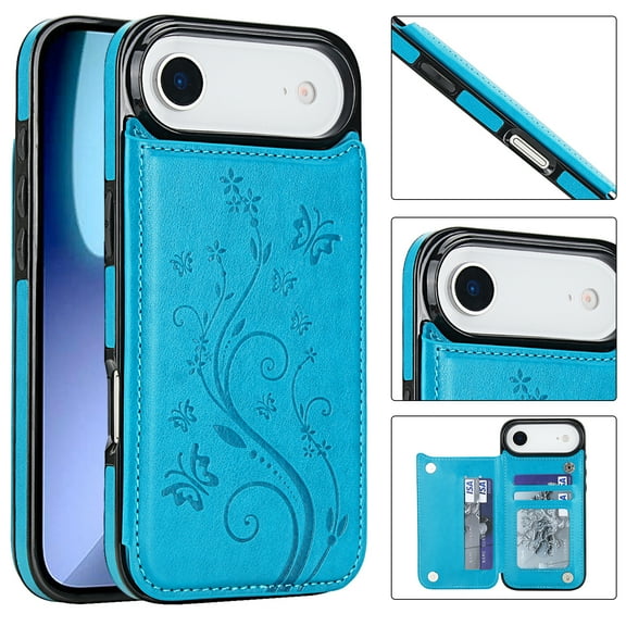 ELEHOLD for iPhone 17 Air Wallet Case, Flower Embossed Pattern Magnetic Button Card Holders PU Leather Cover Kickstand Function Shockproof Protective Case for iPhone 17 Air, Blue
