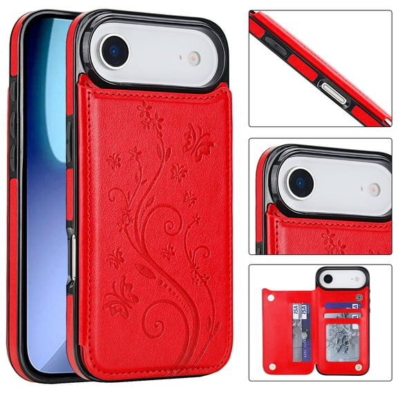 ELEHOLD for iPhone 17 Air Wallet Case, Flower Embossed Pattern Magnetic Button Card Holders PU Leather Cover Kickstand Function Shockproof Protective Case for iPhone 17 Air, Red
