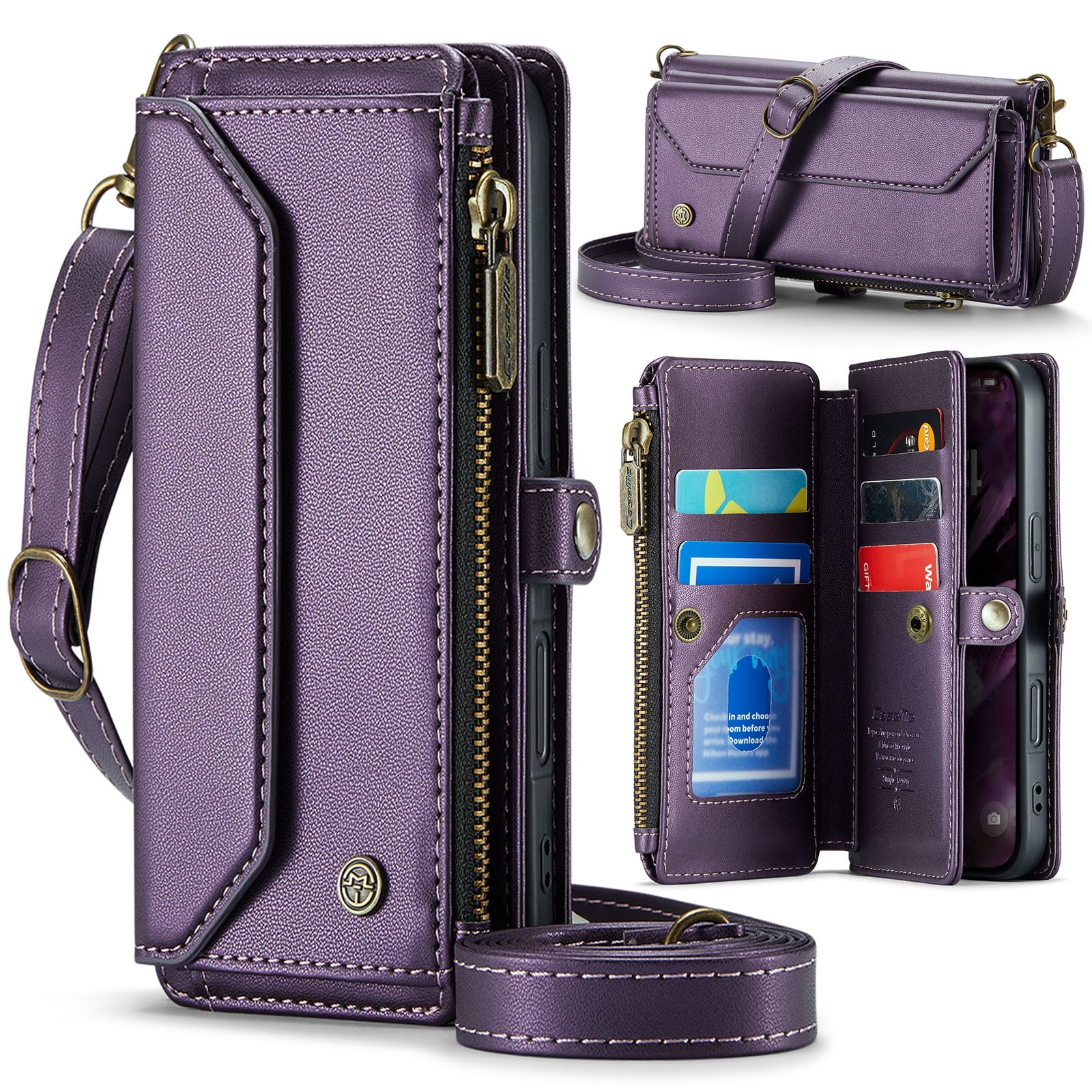 ELEHOLD for iPhone 17 Air Wallet Case,Support Wireless Charging PU Leather RFID Blocking Card Holder Kickstand Flip Shockproof Case with Crossbody Wristlet Strap for iPhone 17 Air,Purple