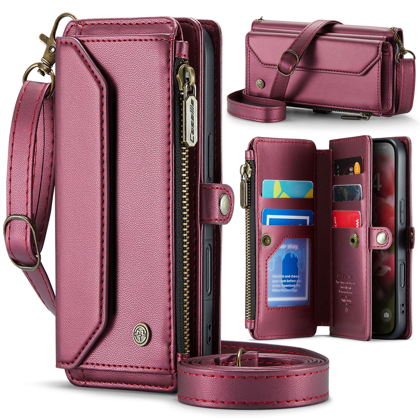ELEHOLD for iPhone 17 Air Wallet Case,Support Wireless Charging PU Leather RFID Blocking Card Holder Kickstand Flip Shockproof Case with Crossbody Wristlet Strap for iPhone 17 Air,Winered