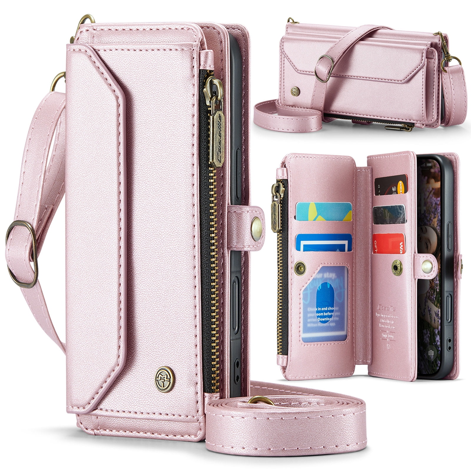 ELEHOLD for iPhone 17 Air Wallet Case,Support Wireless Charging PU Leather RFID Blocking Card Holder Kickstand Flip Shockproof Case with Crossbody Wristlet Strap for iPhone 17 Air,Pink