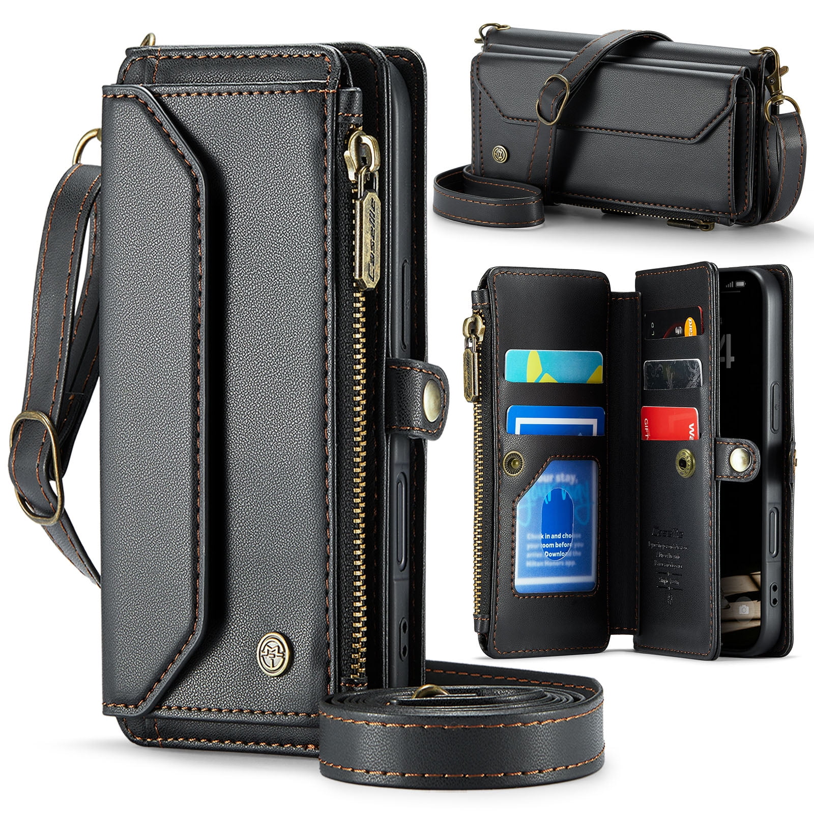 ELEHOLD for iPhone 17 Air Wallet Case,Support Wireless Charging PU Leather RFID Blocking Card Holder Kickstand Flip Shockproof Case with Crossbody Wristlet Strap for iPhone 17 Air,Black