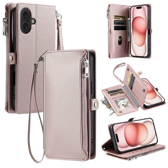ELEHOLD for iPhone 17 Case,  Full Body Protection Crossbody Flip Zipper Credit Card Slot Wallet Case Kickstand Shockproof Leather Case with Shoulder Strap and Wrist Strap, Rosegold