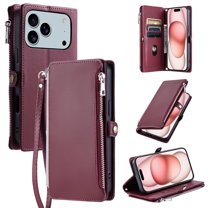ELEHOLD for iPhone 17 Pro Case,  Full Body Protection Crossbody Flip Zipper Credit Card Slot Wallet Case Kickstand Shockproof Leather Case with Shoulder Strap and Wrist Strap, Winered
