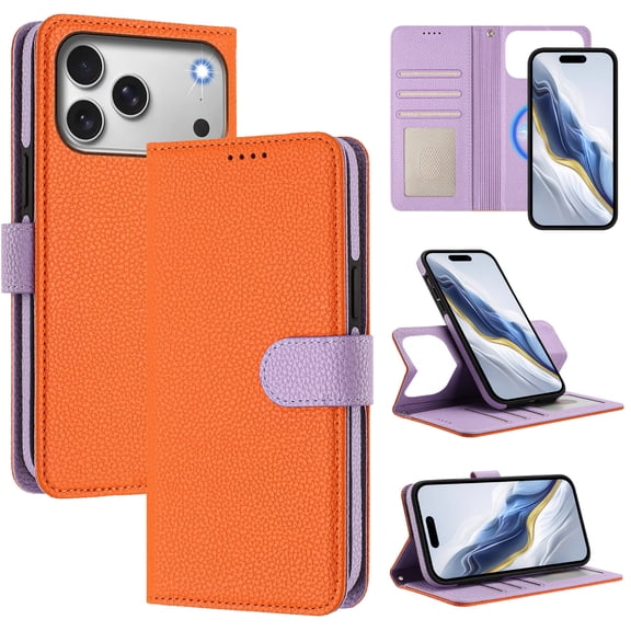 ELEHOLD For iPhone 17 Pro Flip Wallet Case, 2-in-1 Detachable Magnetic Flip Shockproof Two-color Leather Stand Cover with Strap, Multi-Function Protective Wallet ,Orange