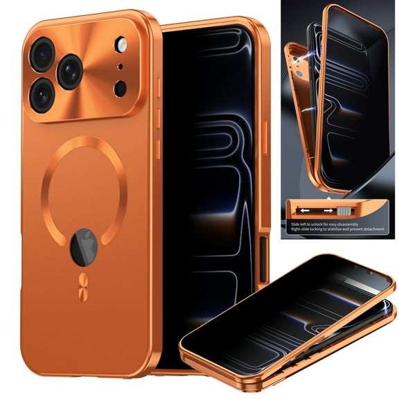 ELEHOLD for iPhone 17 Pro Full Body Case,with Built-in Anti-Peeping Privacy Tempered Glass Screen Protector Metal Frame Plating PC Back Shockproof Rugged Case for iPhone 17 Pro,Orange