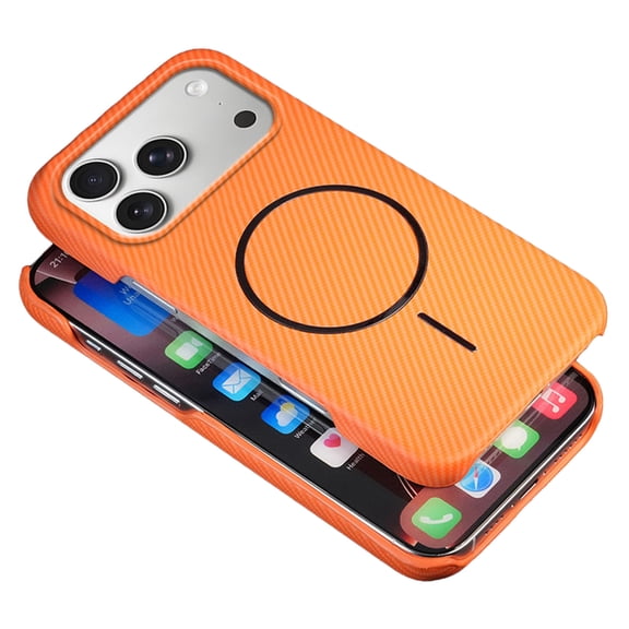 ELEHOLD For iPhone 17 Pro Mag Safe Case, Carbon Fiber Texture Slim Shockproof Rugged Hard PC Anti-Scratch  Protection Cover Wireless Charging Compatible,Orange