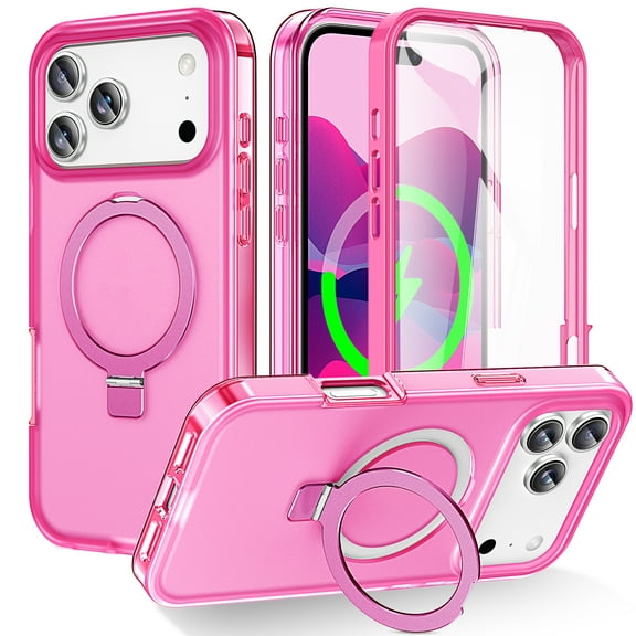 ELEHOLD for iPhone 17 Pro Magnetic Case,Compatible with Mag Safe Accessory Invisible Stand Built-in Screen Protector Military Drop Protection Shockproof Frosted Translucent Case,Rose