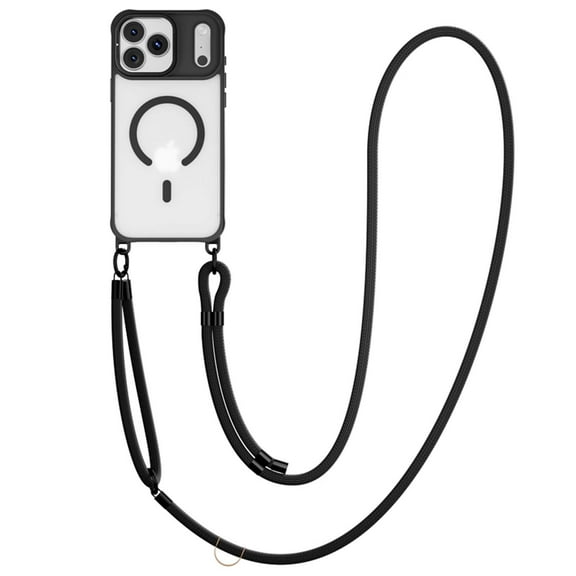 ELEHOLD For iPhone 17 Pro Magnetic Case with Crossbody Strap, Magnetic Wireless Charging, Kickstand Shock-Absorbent PC+TPU Anti-Fingerprint Frosted Case , Black