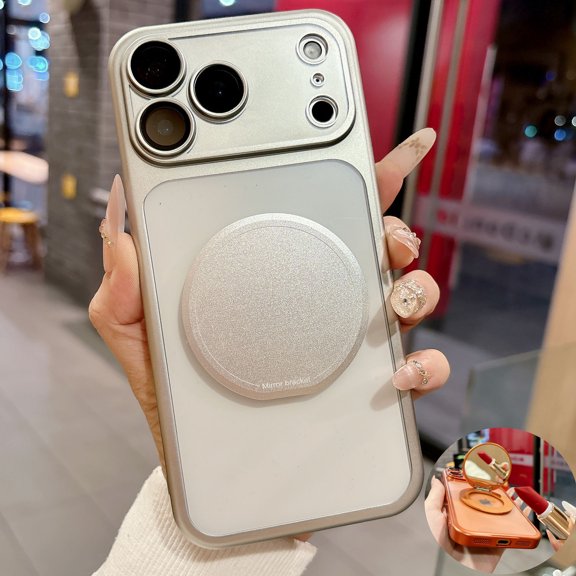 ELEHOLD For iPhone 17 Pro Magnetic Case With Makeup Mirror,Shockproof Magnetic 360° Kickstand Matte Anti-Glare Cover With Camera Lens Protector,Silver