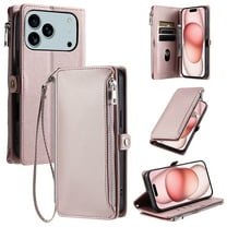 ELEHOLD for iPhone 17 Pro Max Case,  Full Body Protection Crossbody Flip Zipper Credit Card Slot Wallet Case Kickstand Shockproof Leather Case with Shoulder Strap and Wrist Strap, Rosegold
