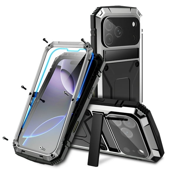 ELEHOLD for iPhone 17 Pro Max Case,Outdoor Sports Rugged Heavy Duty Full Body Cover with Built in Tempered Glass Screen Protector Hidden Kickstand Shockproof Case for iPhone 17 Pro Max,Silver