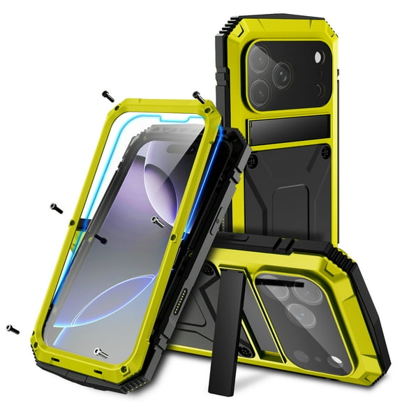 ELEHOLD for iPhone 17 Pro Max Case,Outdoor Sports Rugged Heavy Duty Full Body Cover with Built in Tempered Glass Screen Protector Hidden Kickstand Shockproof Case for iPhone 17 Pro Max,Yellow