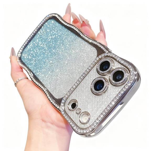 ELEHOLD for iPhone 17 Pro Max Protective Case, Bling Glitter Diamond Non-Slip Wavy Edge Shockproof Plating Cover Built-in Lens Film For Women Girls,Silver