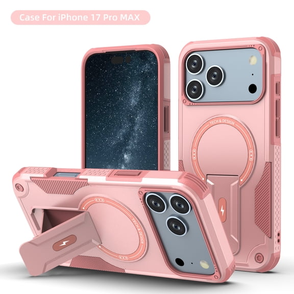 ELEHOLD for iPhone 17 Pro Max Rugged Case,Hybrid Hard PC Silicone Magnetic Rugged Stand Cover Compatible with Mag Safe Accessories Heavy Duty Shockproof Protective Phone Case,Pink