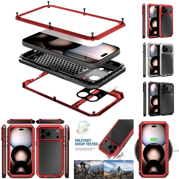 ELEHOLD for iPhone 17 Pro Max Rugged Heavy Duty Case, Outdoor 360° Full Body Protective Aluminum Metal Case Cover with Tempered Glass Screen Protector, Red
