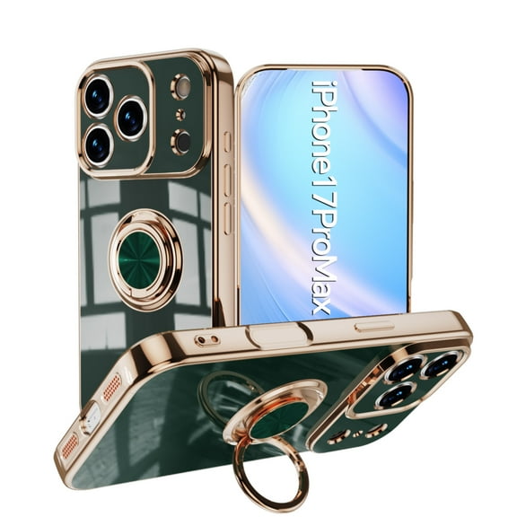 ELEHOLD for iPhone 17 Pro Max Slim Case Electroplating Frame Design All-inclusive Lens Protection Metal Ring Holder Stand Function Shockproof Lightweight Case for iPhone 17 Pro Max, Darkgreen