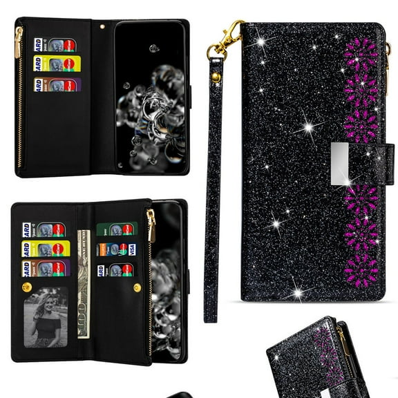 ELEHOLD for iPhone 17 Pro Max Stylish Flip Wallet Case,Bling Glitter Leather Zipper Pocket 9 Card Holders Stand Function Magnetic Clasp Detachable Wrist Strap Lanyard Purse Case,Black