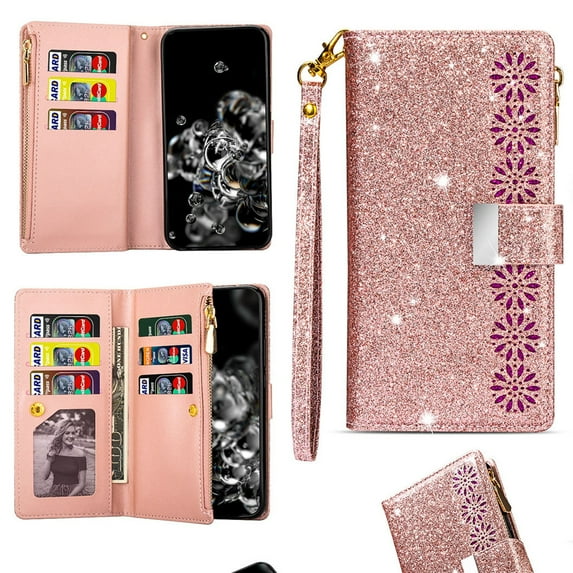 ELEHOLD for iPhone 17 Pro Max Stylish Flip Wallet Case,Bling Glitter Leather Zipper Pocket 9 Card Holders Stand Function Magnetic Clasp Detachable Wrist Strap Lanyard Purse Case,Rosegold