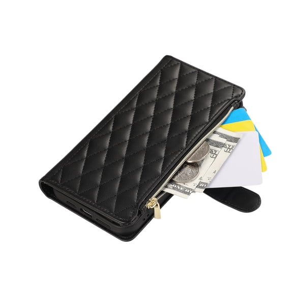 ELEHOLD For iPhone 17 Pro Max Wallet Case, Card Slots Zipper Purse Luxury PU Leather Kickstand Full Body Shockproof Phone Cover with Shoulder/Wrist Strap for iPhone 17 Pro Max,Black