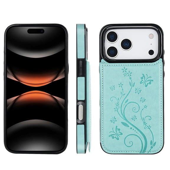 ELEHOLD for iPhone 17 Pro Max Wallet Case, Flower Embossed Pattern Magnetic Button Card Holders PU Leather Cover Kickstand Function Shockproof Protective Case for iPhone 17 Pro Max, Mint