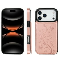 ELEHOLD for iPhone 17 Pro Max Wallet Case, Flower Embossed Pattern Magnetic Button Card Holders PU Leather Cover Kickstand Function Shockproof Protective Case for iPhone 17 Pro Max, Rosegold