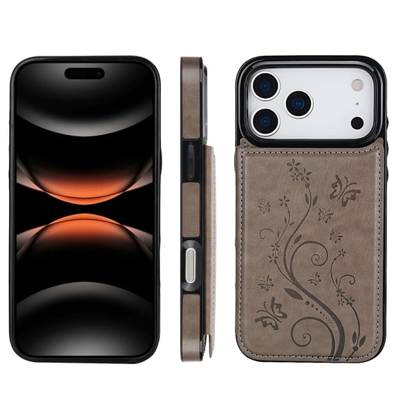 ELEHOLD for iPhone 17 Pro Max Wallet Case, Flower Embossed Pattern Magnetic Button Card Holders PU Leather Cover Kickstand Function Shockproof Protective Case for iPhone 17 Pro Max, Gray