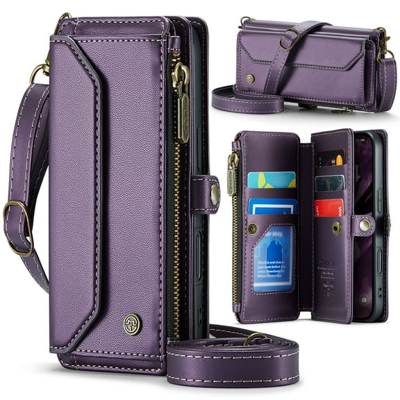 ELEHOLD for iPhone 17 Pro Max Wallet Case,Support Wireless Charging PU Leather RFID Blocking Card Holder Kickstand Flip Shockproof Case with Crossbody Wristlet Strap for iPhone 17 Pro Max,Purple